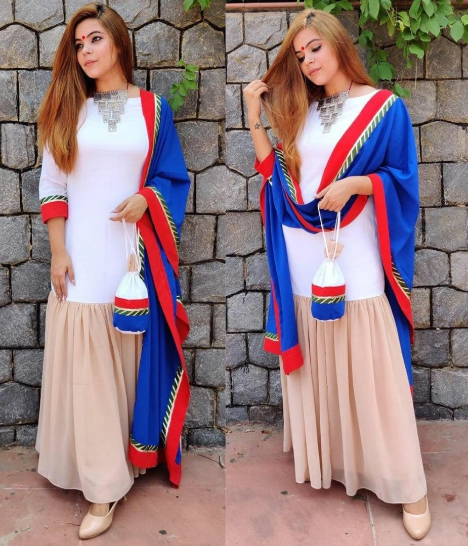 White and beige kurti with blue dupatta
