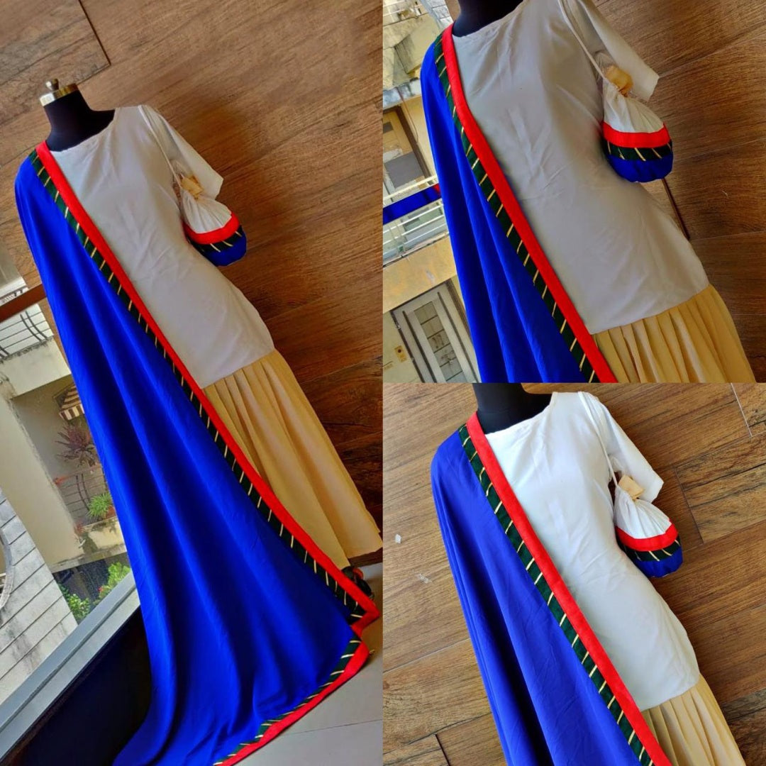 White and beige kurti with blue dupatta