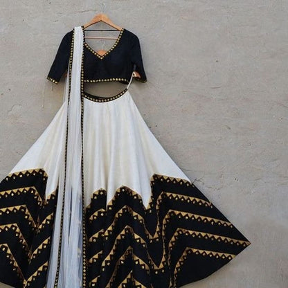 white and black banglori silk printed party and festival wear lehenga