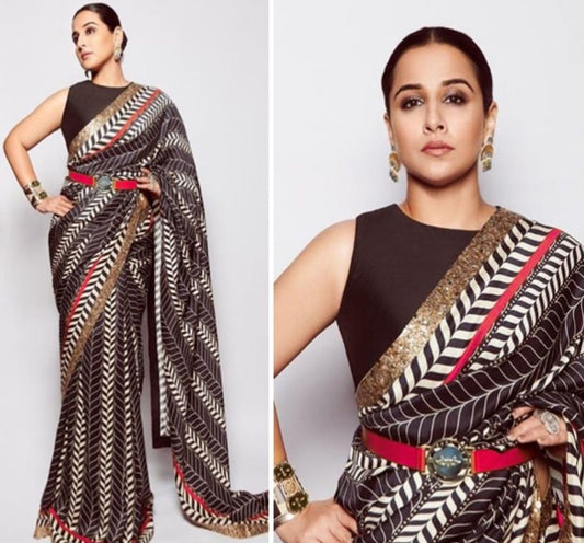 White and black digital printed saree