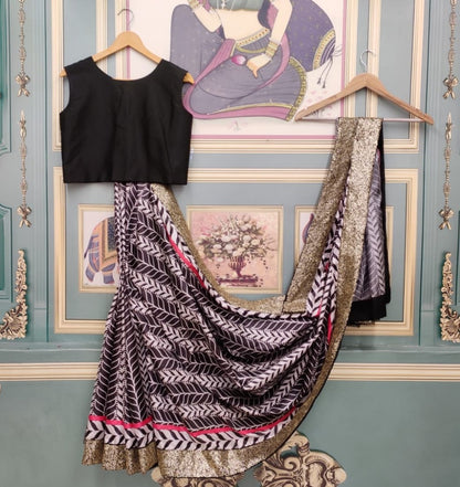 White and black digital printed saree