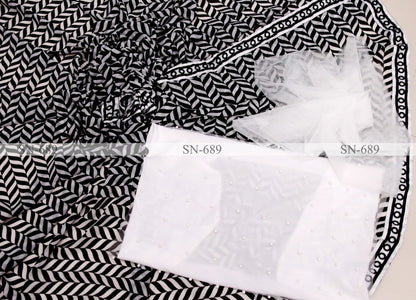 White and black georgette printed saree
