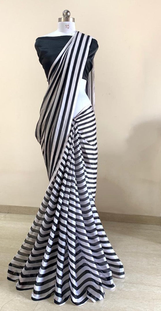 white and black strip satin chiffon saree