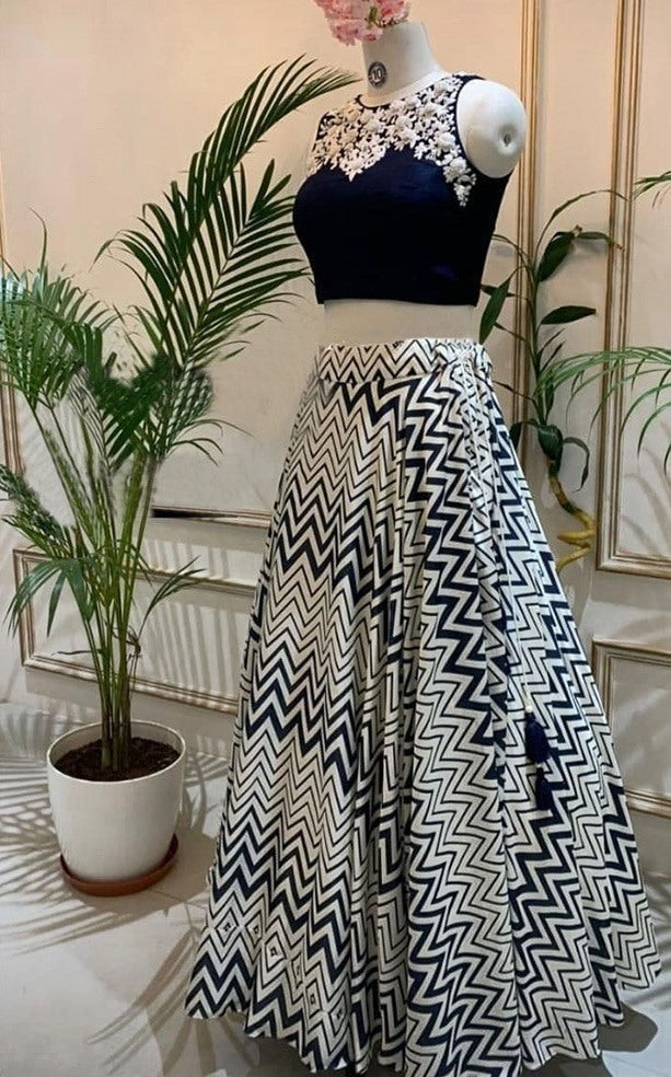 White and black zig zag printed crop top lehenga