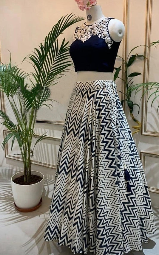 White and black zig zag printed crop top lehenga