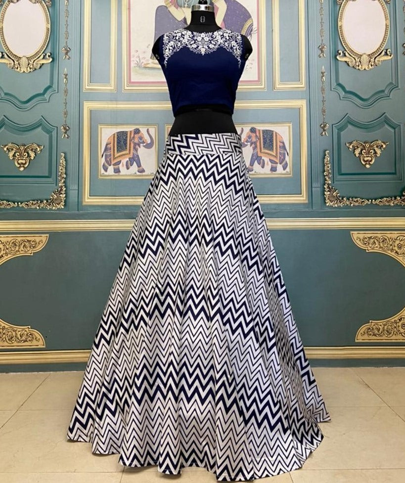 White and black zig zag printed crop top lehenga