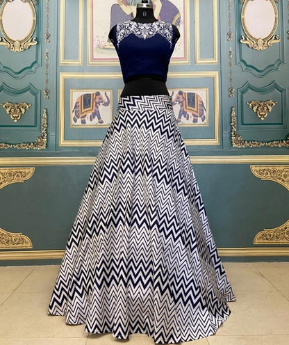 White and black zig zag printed crop top lehenga