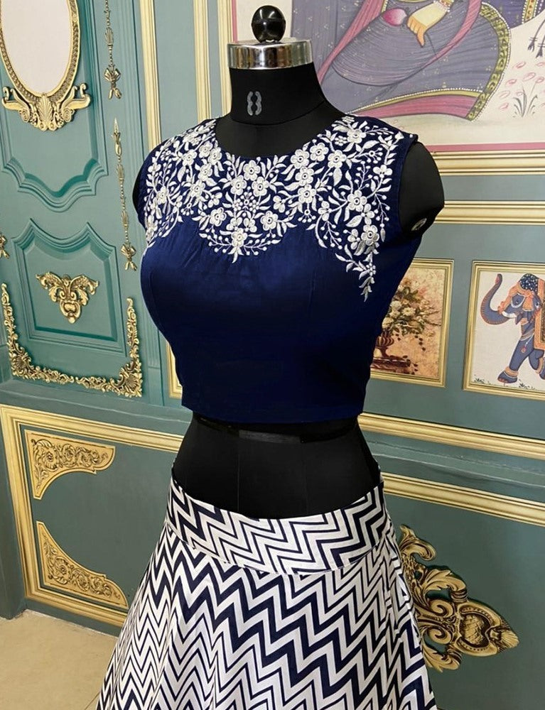 White and black zig zag printed crop top lehenga