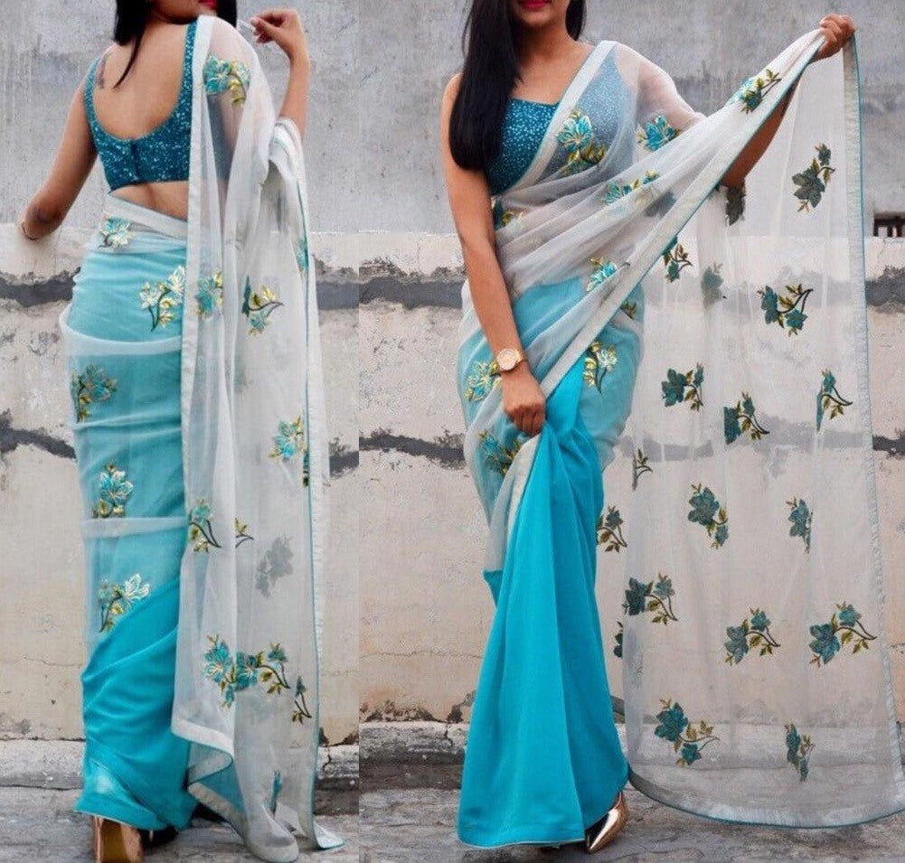 White and blue half half embroidered saree