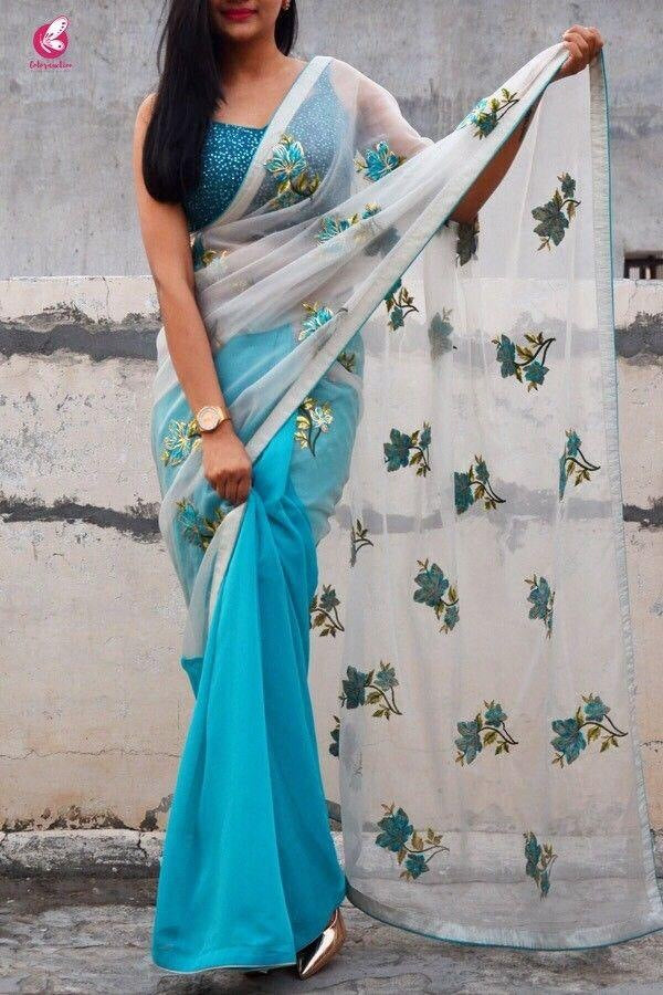 White and blue half half embroidered saree