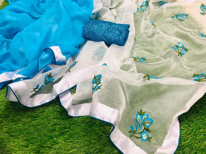 White and blue half half embroidered saree