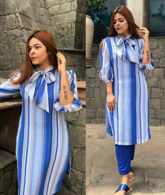 white and blue printed lining georgette kurti