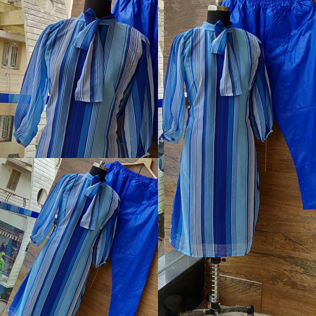 white and blue printed lining georgette kurti