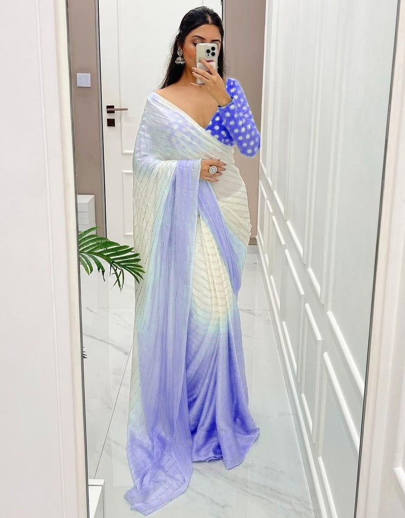 White and blue shaded georgette mukesh work designer saree
