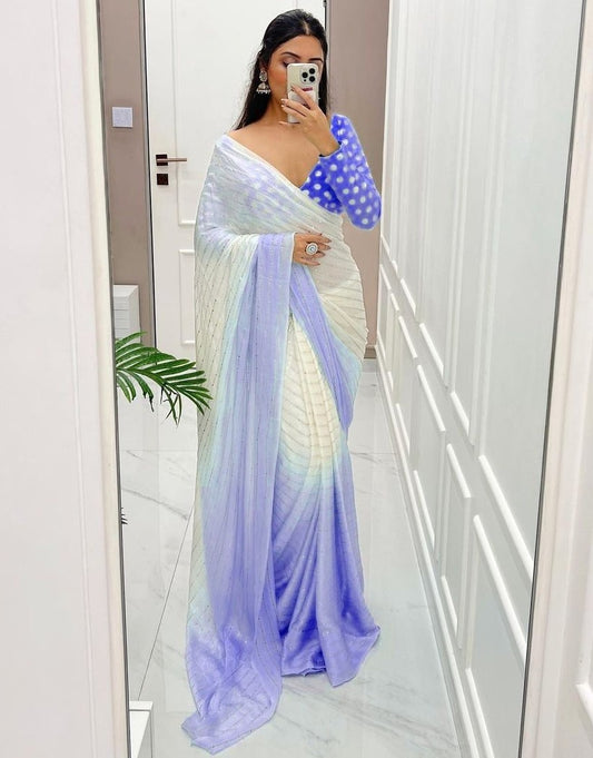 White and blue shaded georgette mukesh work designer saree