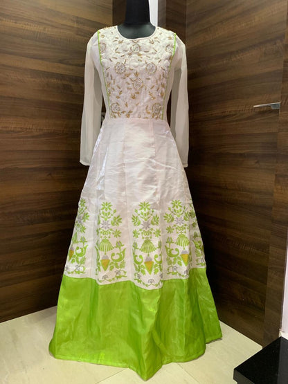 White and green banglori satin gown