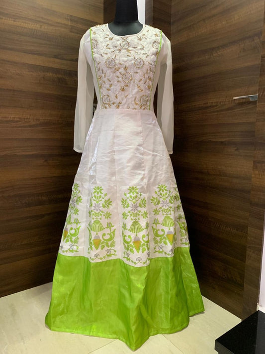 White and green banglori satin gown