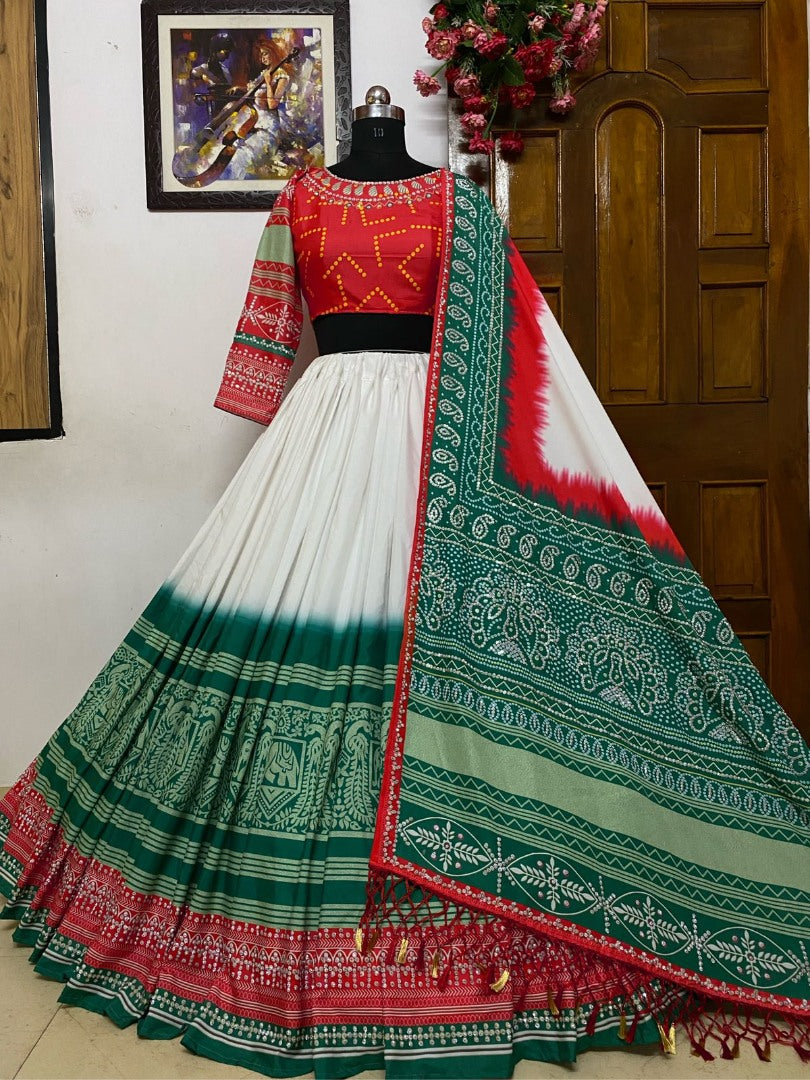 White and green butter silk printed lehenga choli