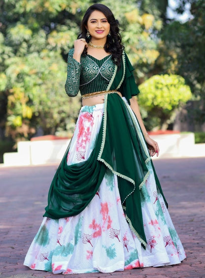 White and green malai satin shibori print lehenga choli