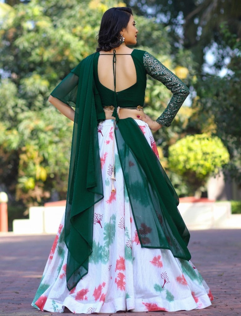 White and green malai satin shibori print lehenga choli