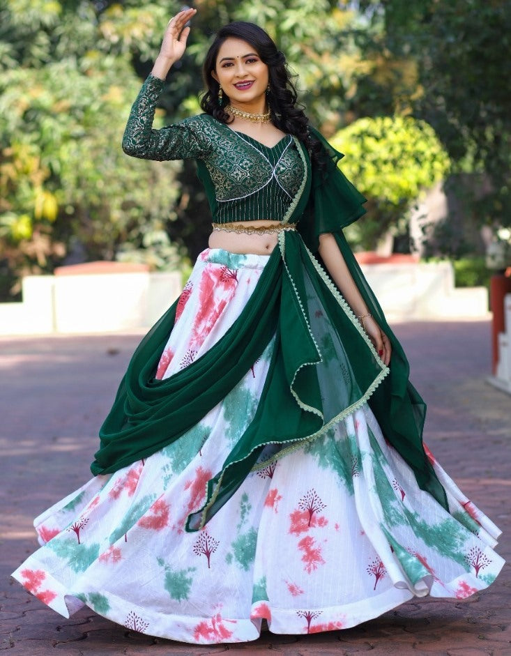 White and green malai satin shibori print lehenga choli