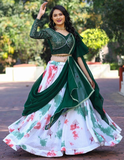 White and green malai satin shibori print lehenga choli