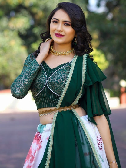 White and green malai satin shibori print lehenga choli
