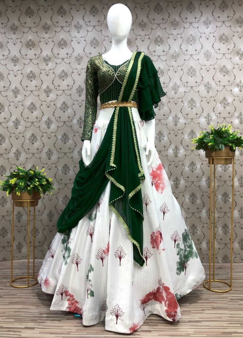 White and green malai satin shibori print lehenga choli