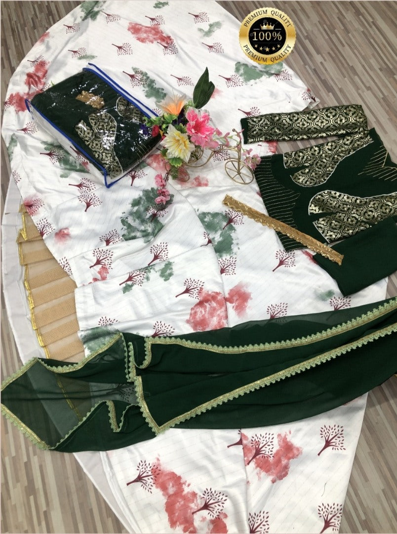 White and green malai satin shibori print lehenga choli