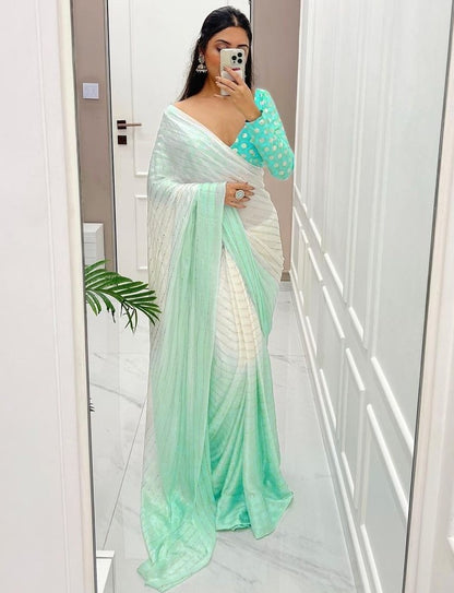 White and green shaded georgette mukesh work designer saree