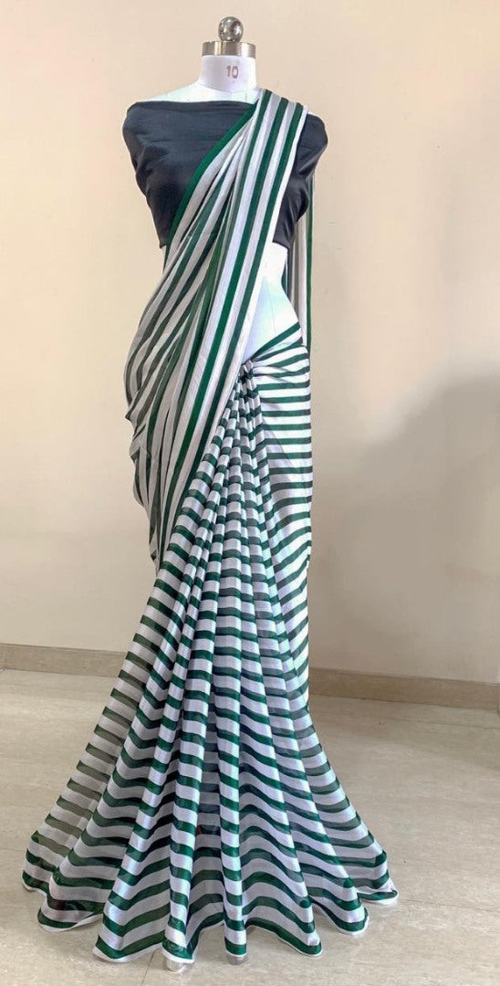 white and green strip satin chiffon saree