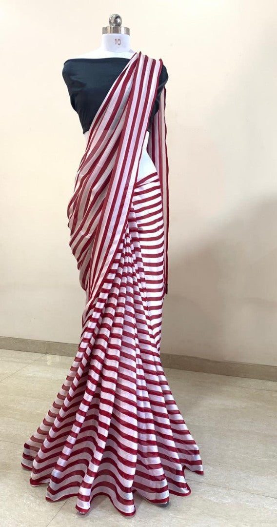 white and maroon strip satin chiffon saree