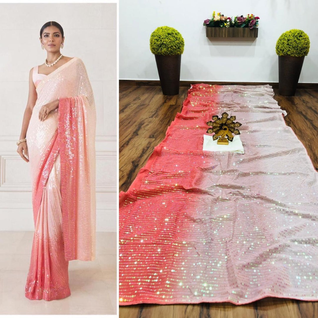 White and orange sequence work ceremonial saree