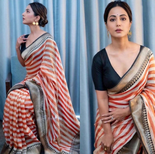 White and orange strip printed saree