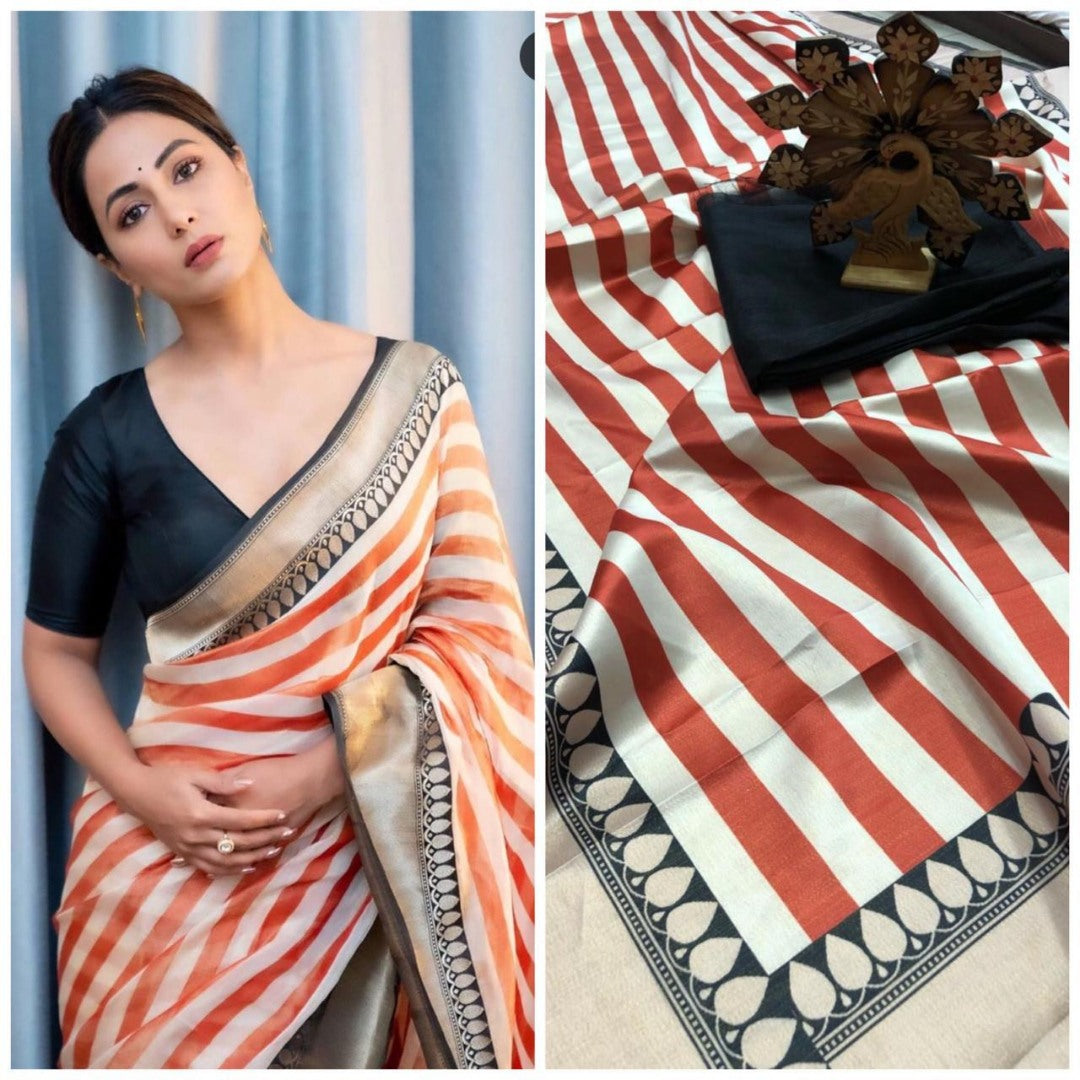 White and orange strip printed saree
