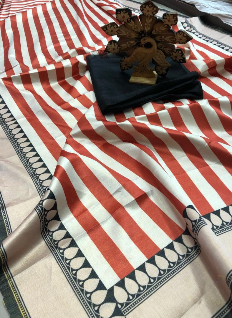 White and orange strip printed saree