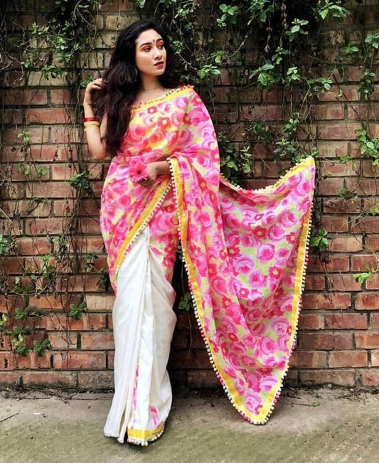 white and pink floral digital printed satin saree