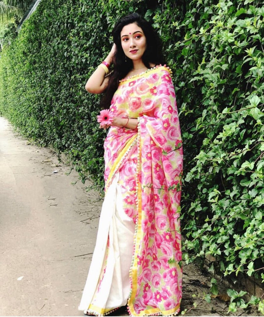 white and pink floral digital printed satin saree