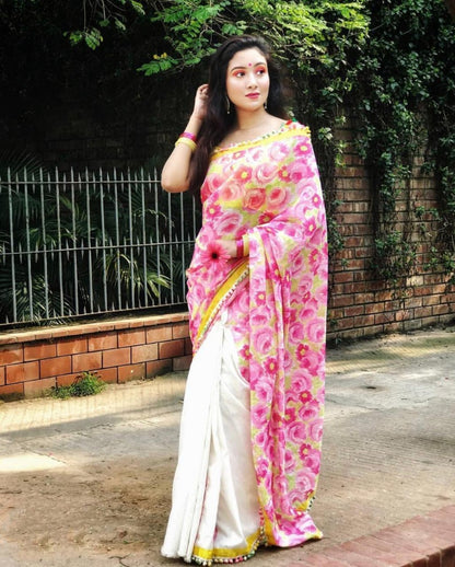 white and pink floral digital printed satin saree