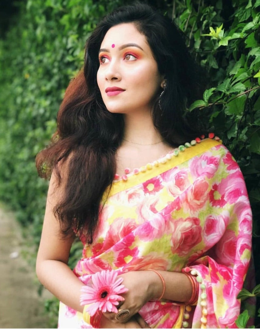 white and pink floral digital printed satin saree