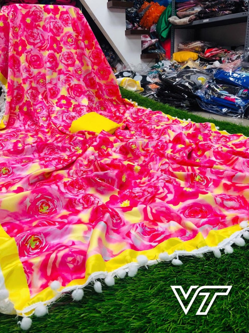 white and pink floral digital printed satin saree