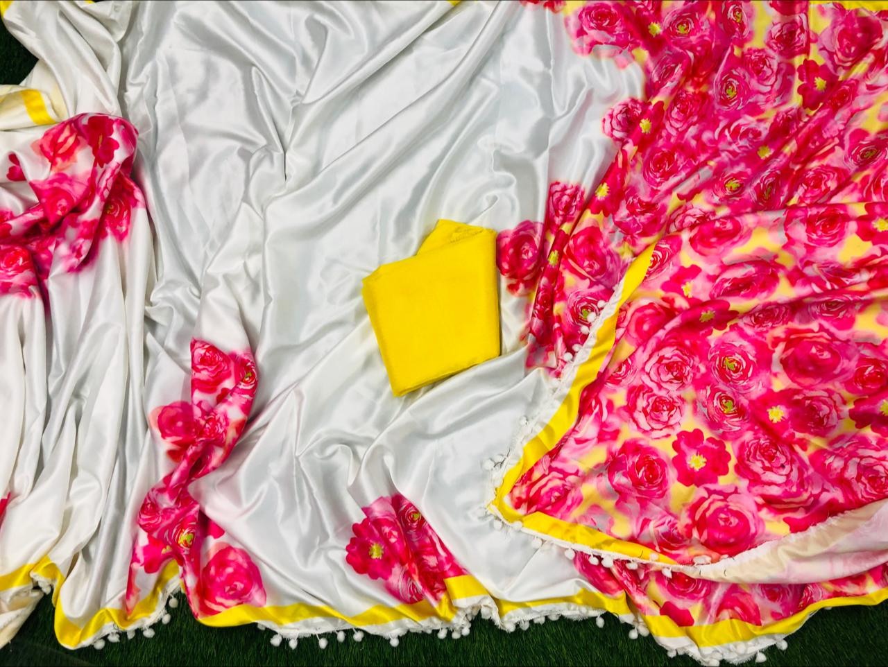 white and pink floral digital printed satin saree