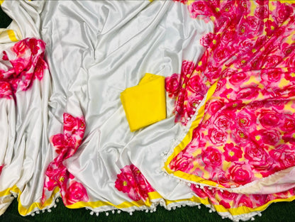 white and pink floral digital printed satin saree