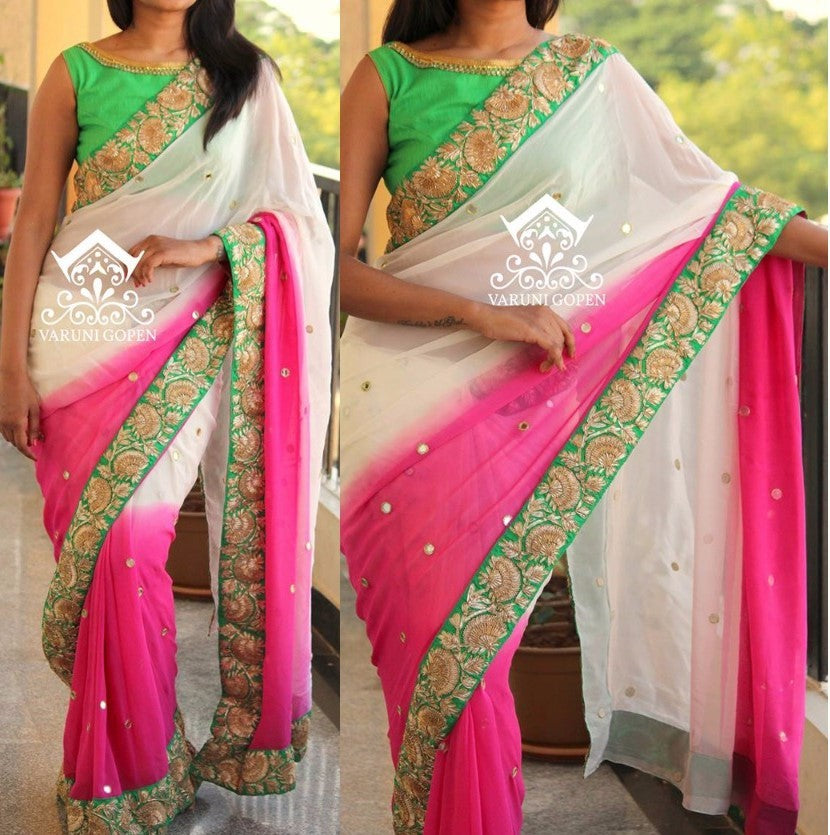 white and pink georgette embroidered saree