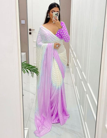 White and pink shaded georgette mukesh work designer saree