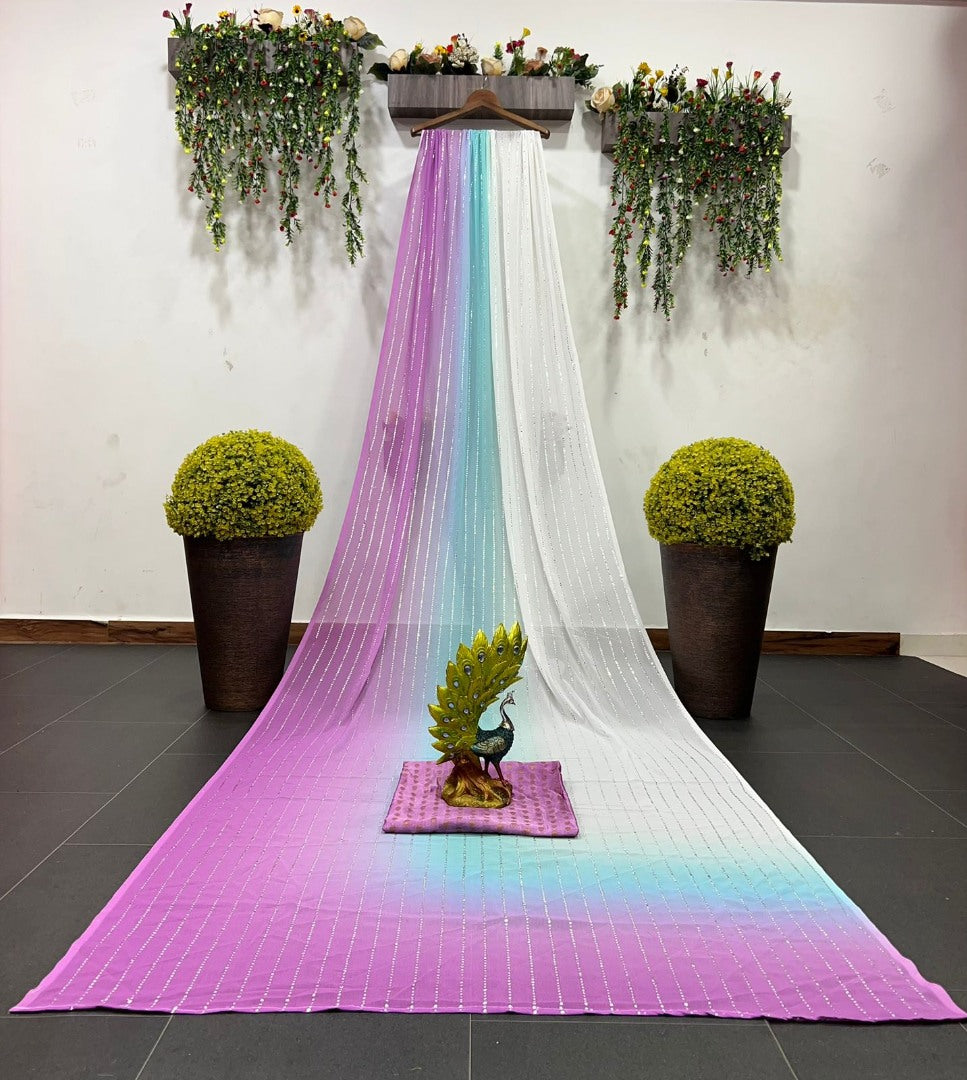 White and pink shaded georgette mukesh work designer saree