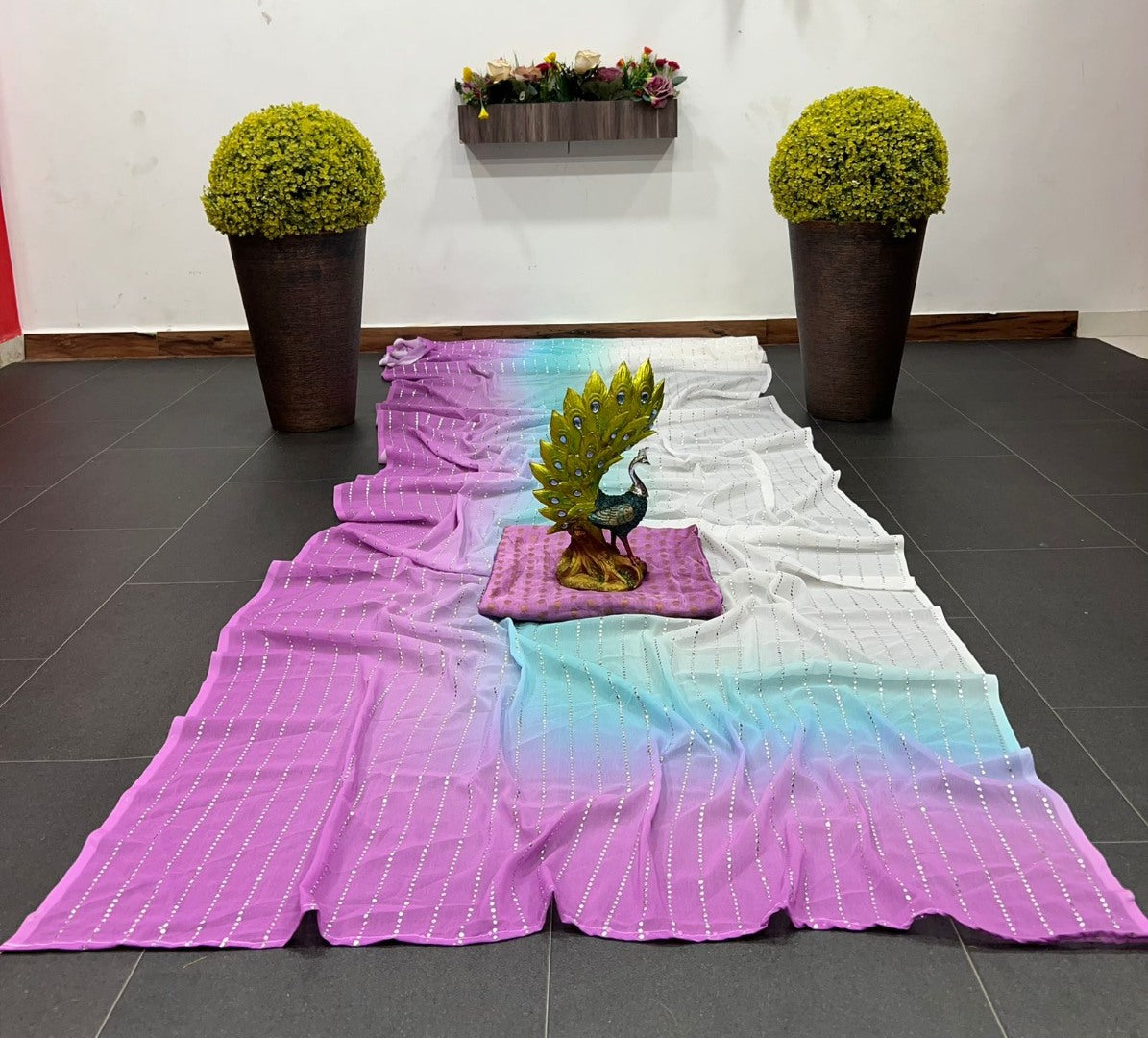 White and pink shaded georgette mukesh work designer saree