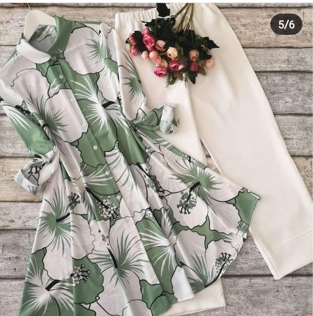 white and pista green crepe silk digital printed plazzo kurti