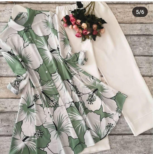 white and pista green crepe silk digital printed plazzo kurti