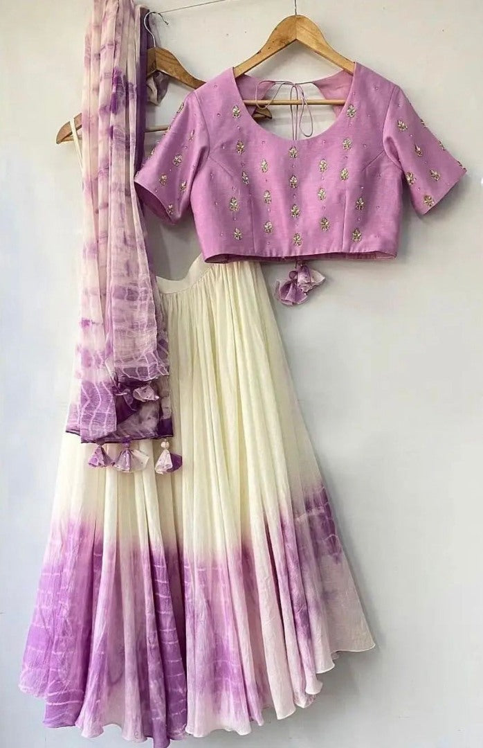 White and purple georgette shibori printed lehenga choli